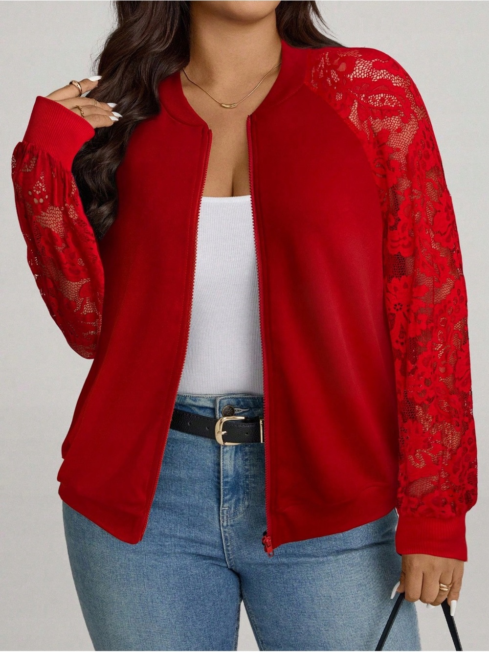 SHEIN Red Lace-Sleeve Bomber Jacket